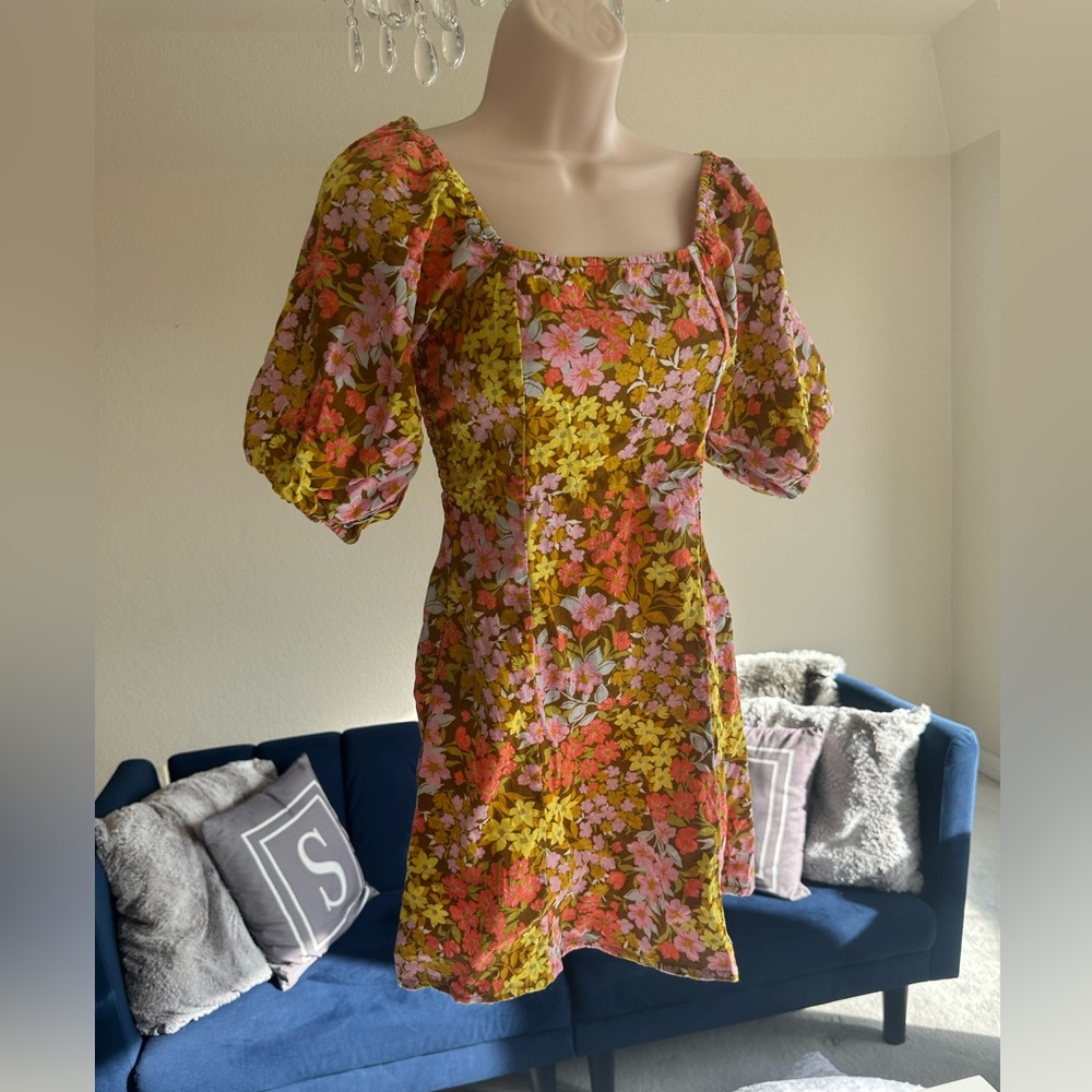 Billabong Paradise Retro Floral Cotton Linen Puff Short Sleeve Mini Dress Sz S